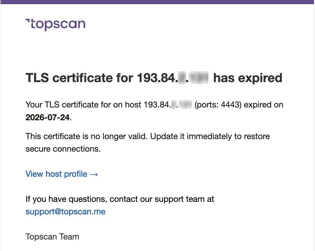 Topscan: an expired-certificate alert delivered by email