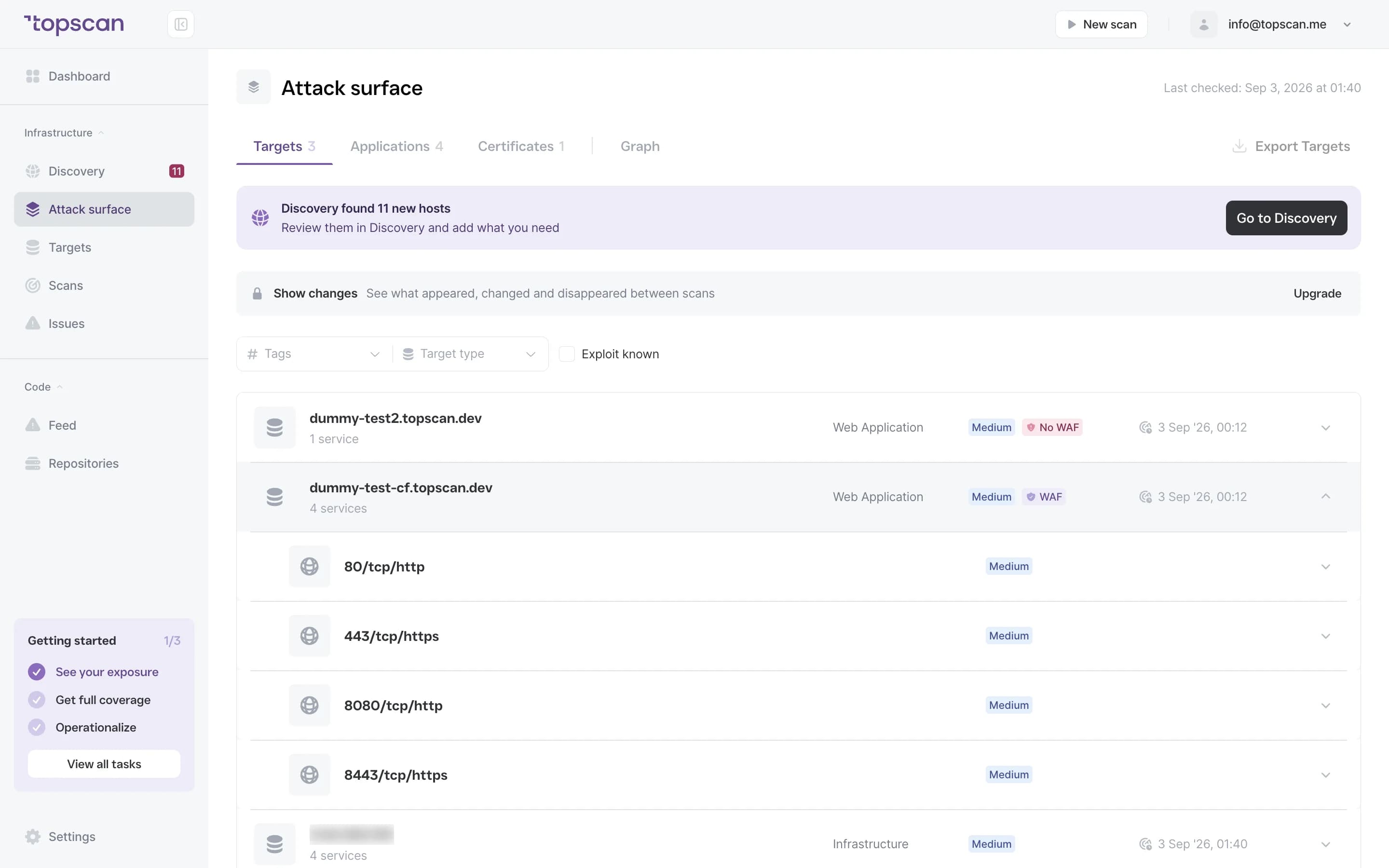 Topscan attack surface: hosts, services and their status
