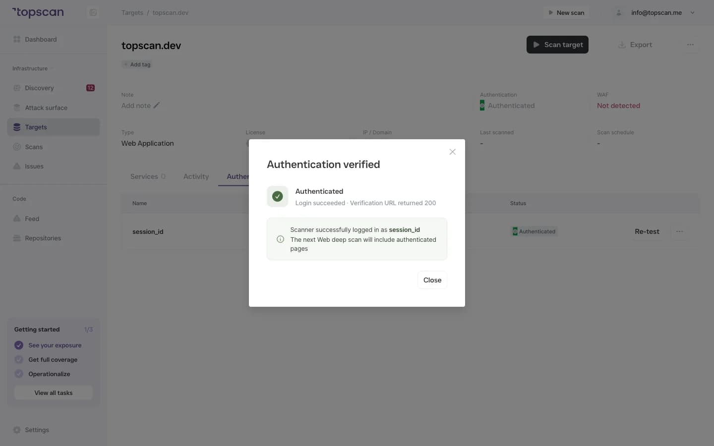Topscan Authentication tab: the Save & Test result with the Authenticated row