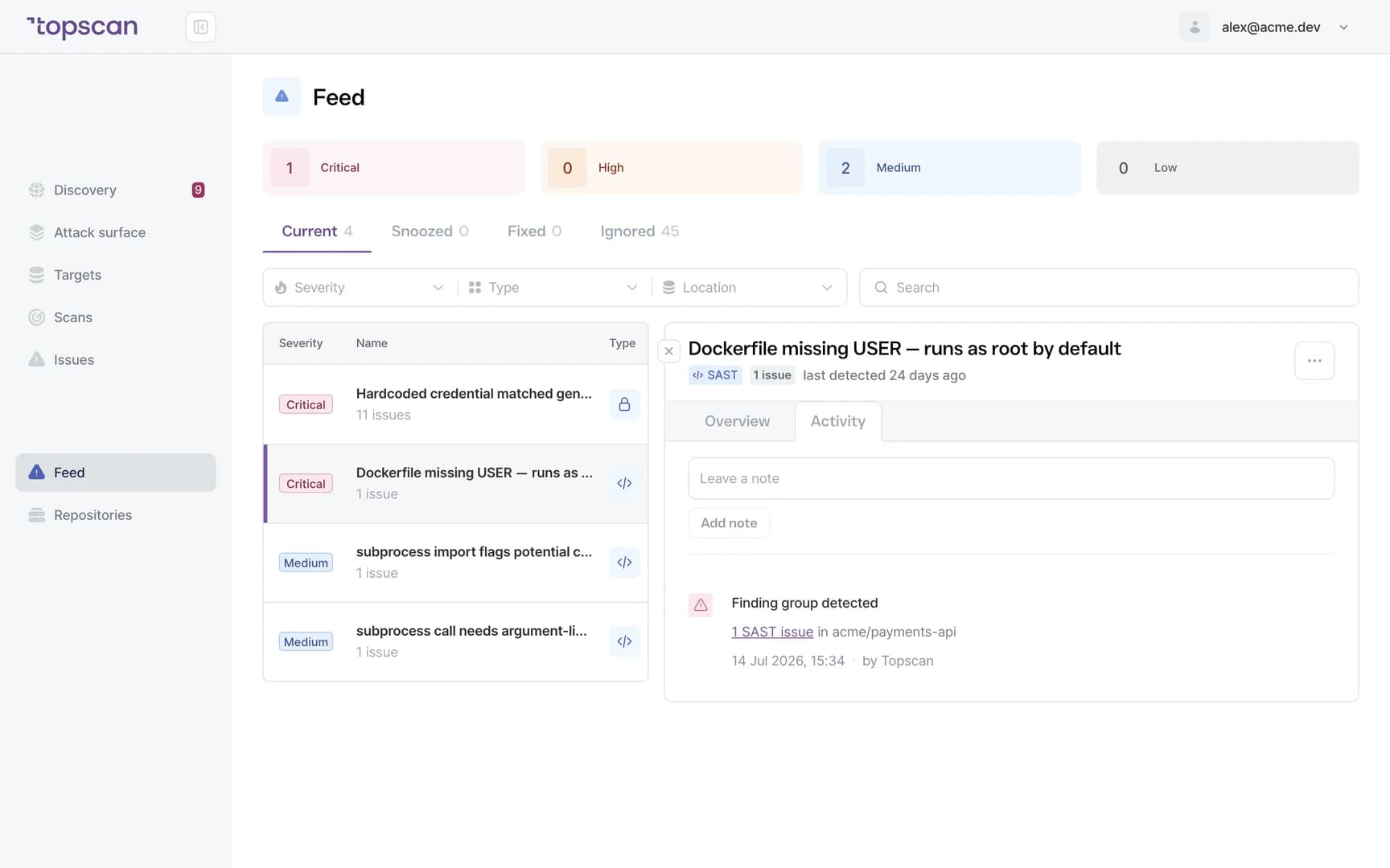 Finding activity log: notes and detection events with dates