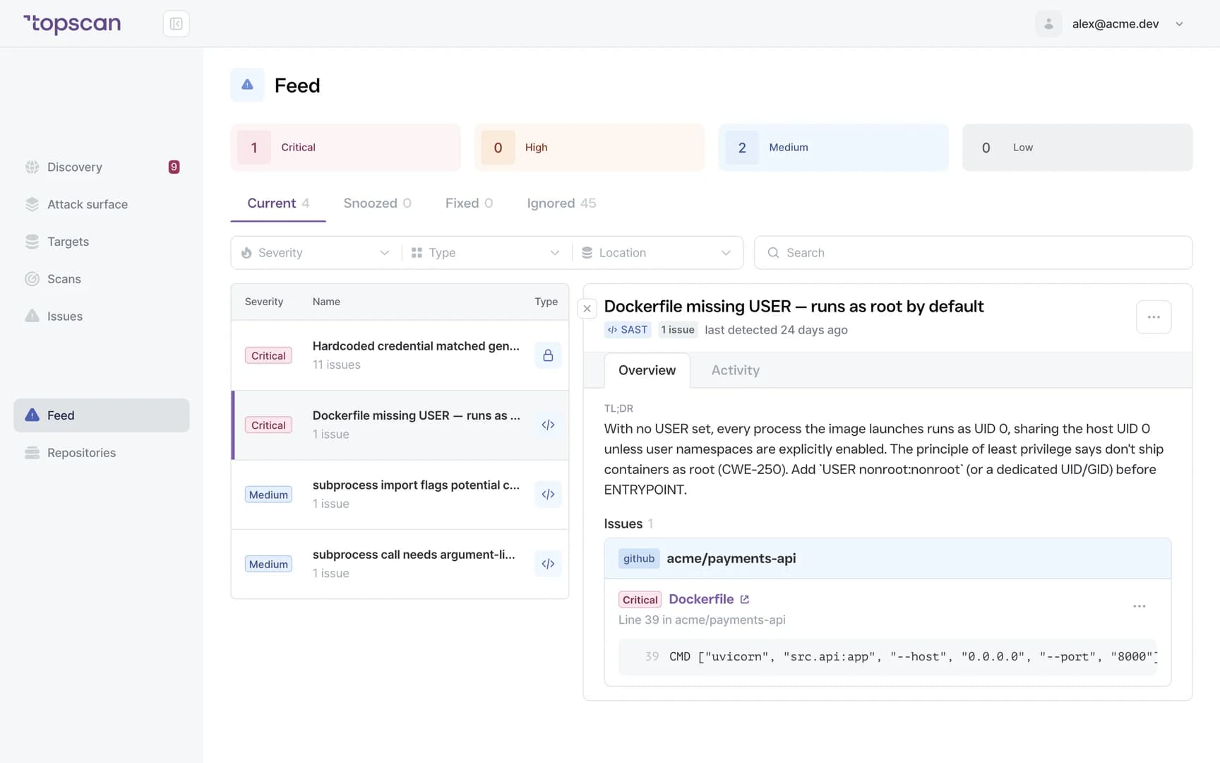 Finding detail: explanation, affected repository and the exact line of code