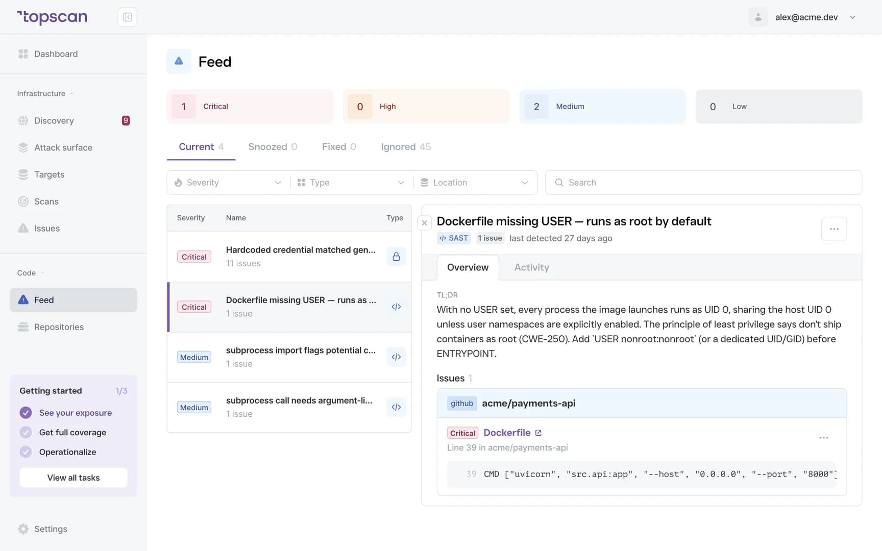 Topscan: a SAST finding with the file, the line and the recommended fix