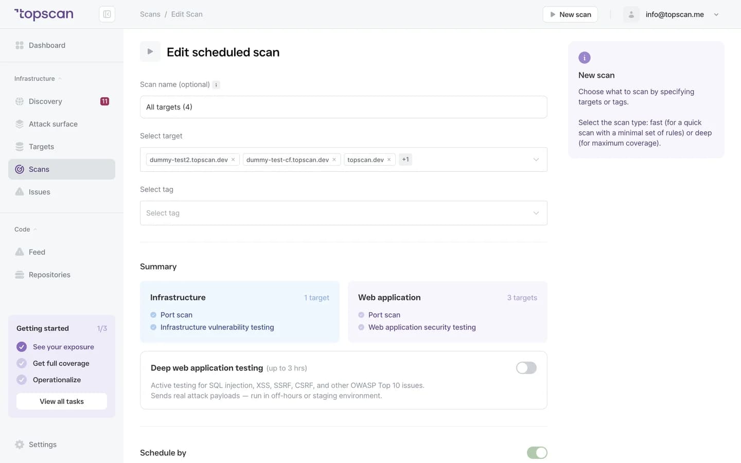 Topscan scan form: the Summary and the Deep web application testing switch