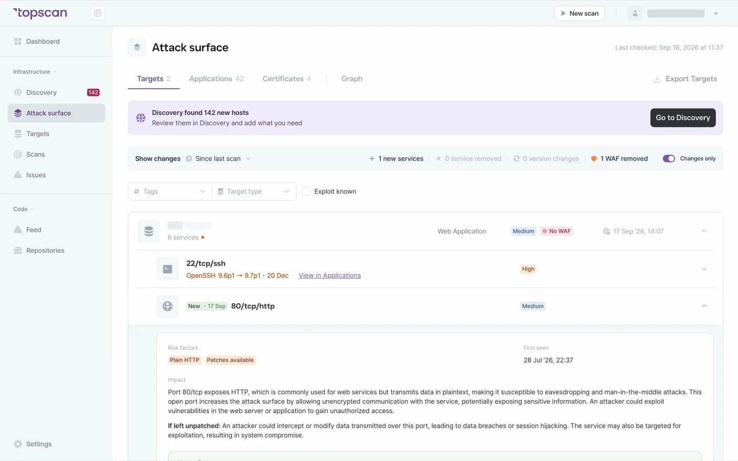 Topscan Attack Surface: a target with its services and a new 80/tcp/http service