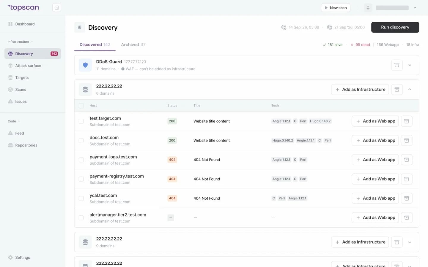 Topscan Discovery: hosts and subdomains found, with Add as Infrastructure and Add as Web app