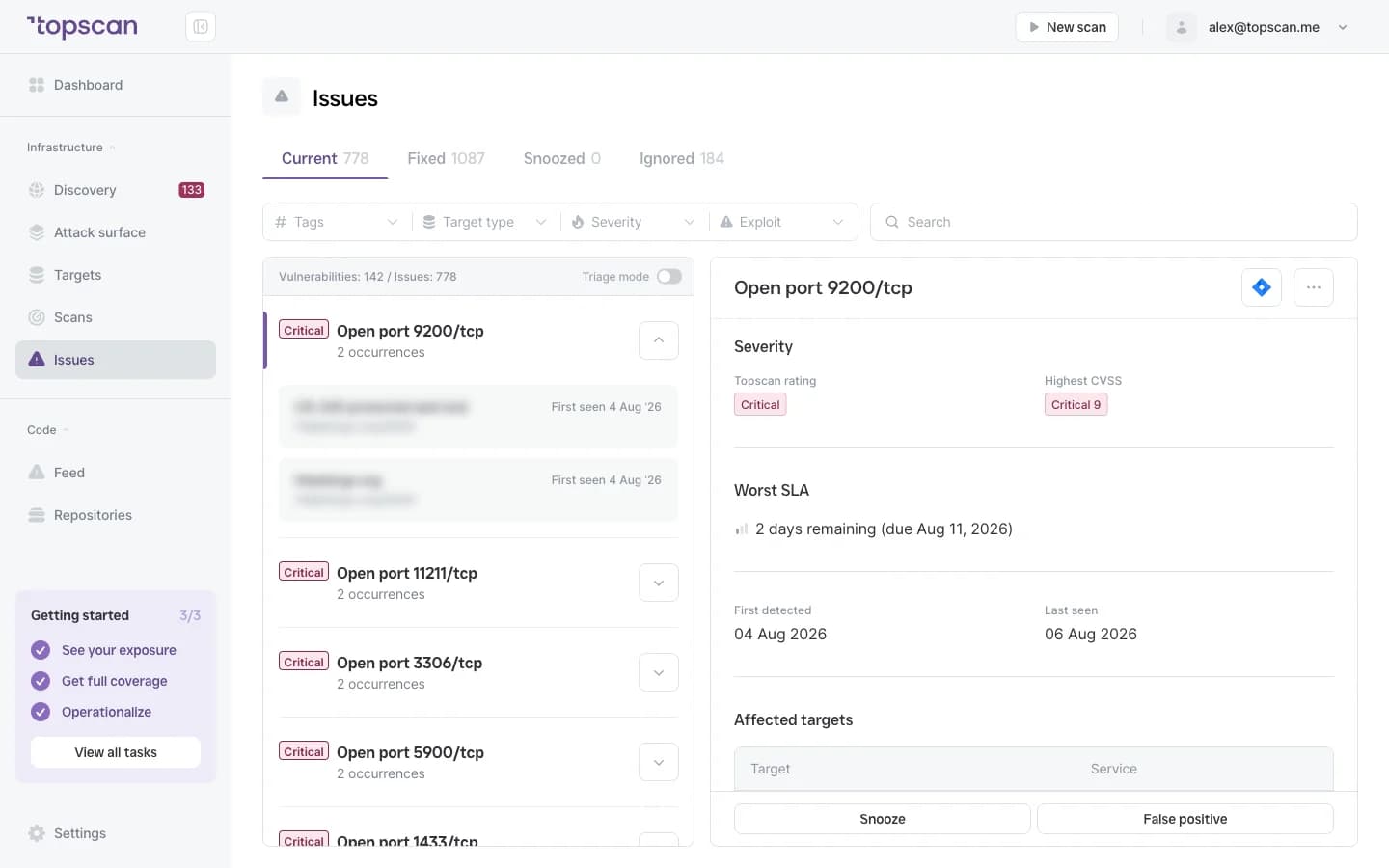 Topscan Issues: the findings feed and a finding card with its description and fix