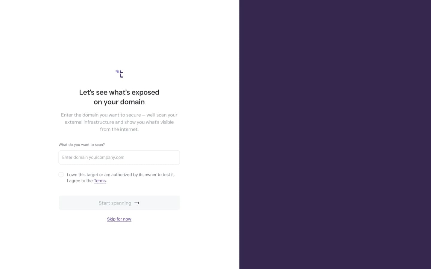 Topscan onboarding: “Let’s see what’s exposed on your domain”, the domain field and Start scanning