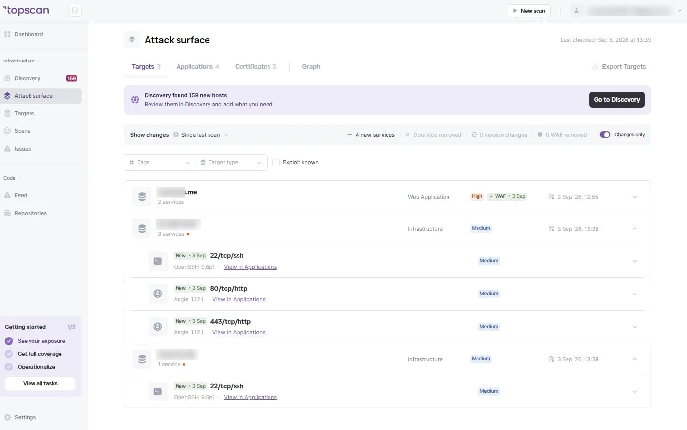 Topscan: attack surface changes since the last scan — new services flagged
