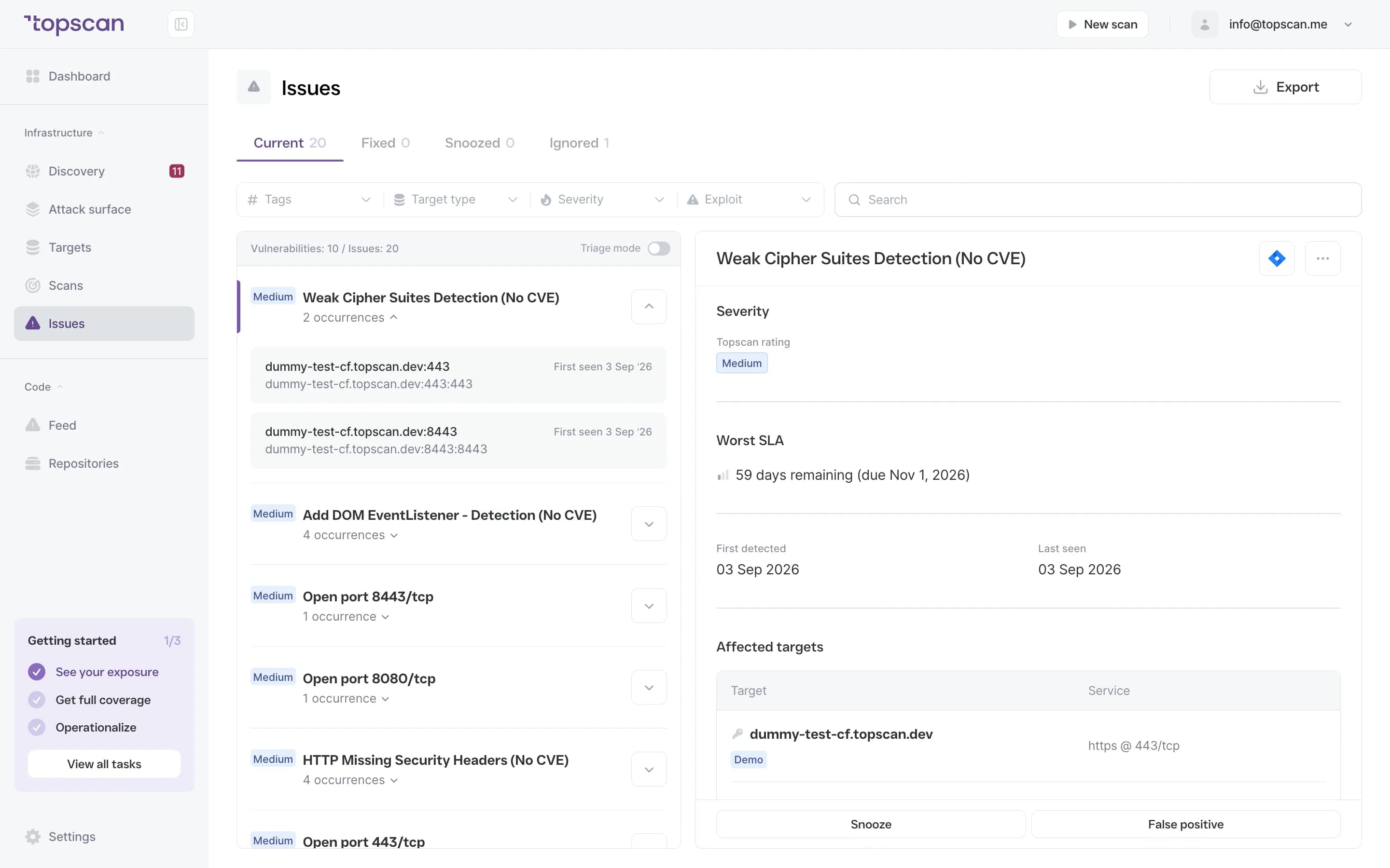Topscan Issues: one entry expanded to show every occurrence and when each was first seen