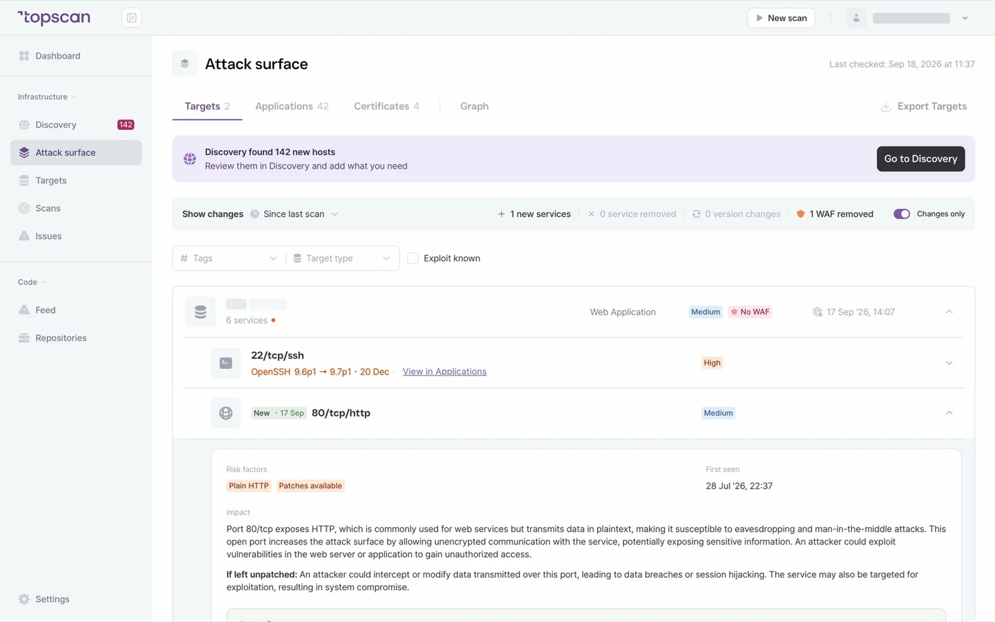 Topscan Attack Surface: a target with its services and a new 80/tcp/http service