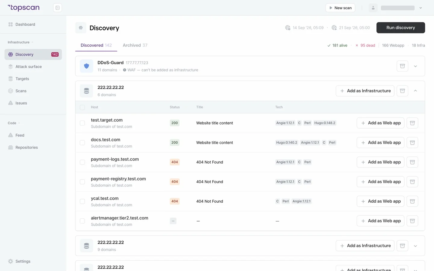 Topscan Discovery: hosts and subdomains found, with Add as Infrastructure and Add as Web app