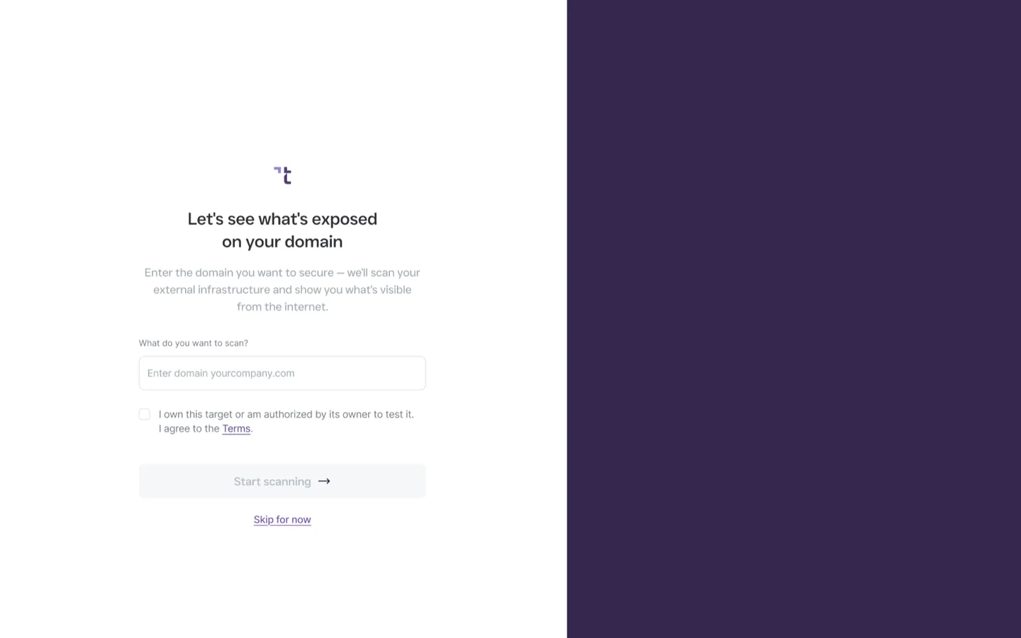 Topscan onboarding: “Let’s see what’s exposed on your domain”, the domain field and Start scanning