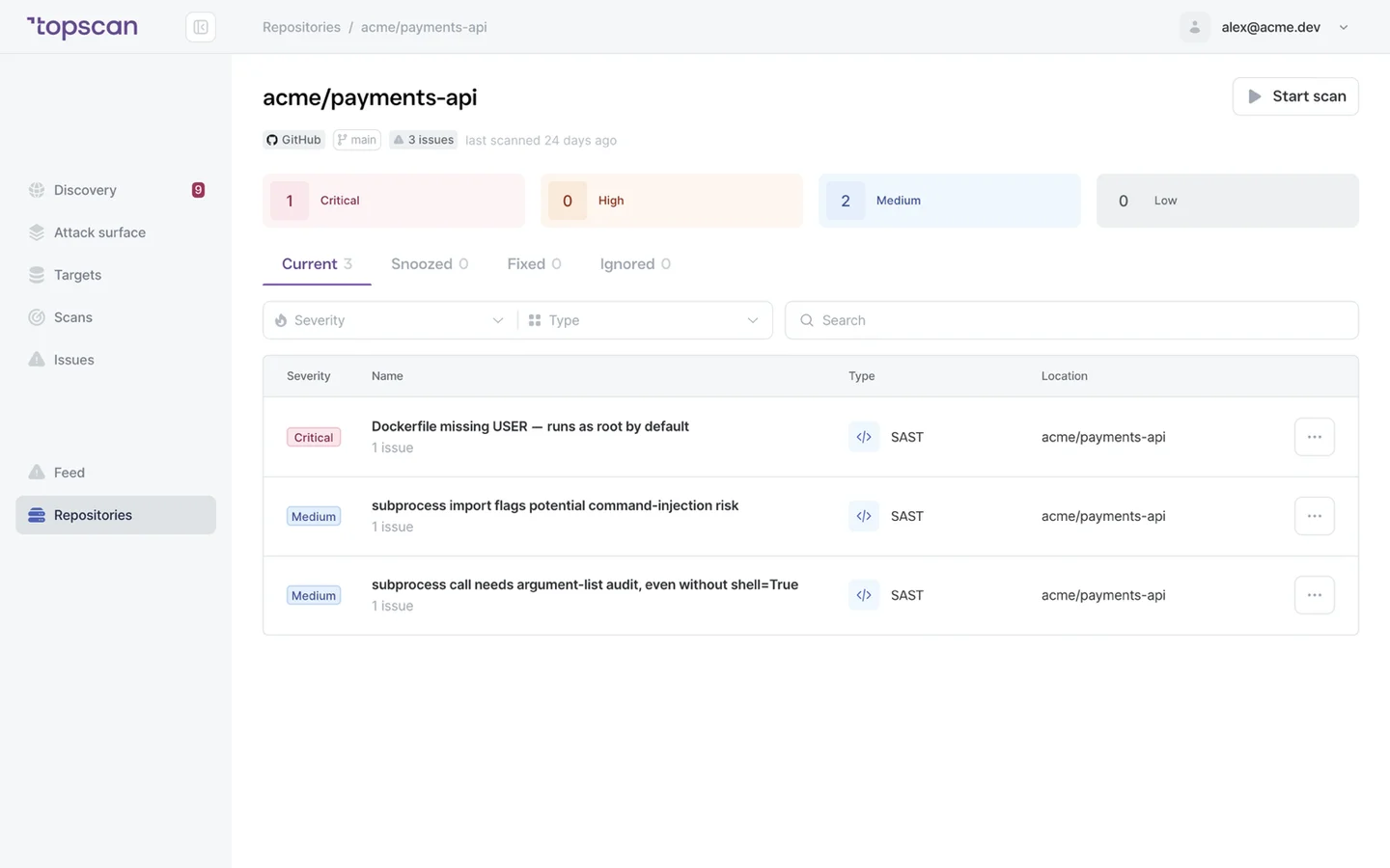Topscan repository: one connected repository with its SAST findings