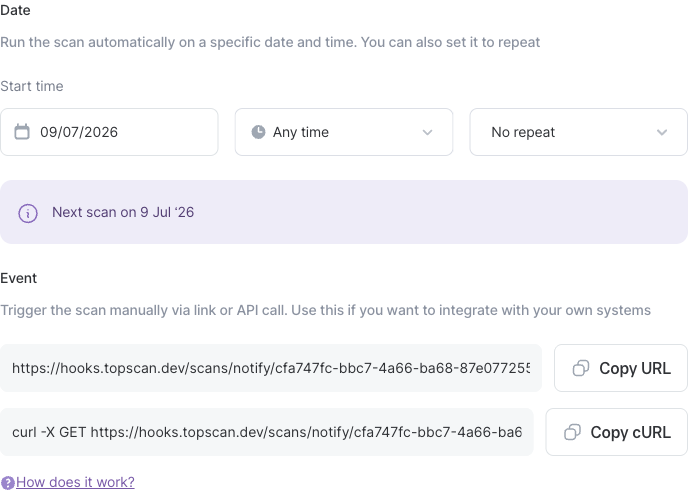 Saved schedule — the Event section with the generated URL, a ready-made cURL command, and Copy buttons.