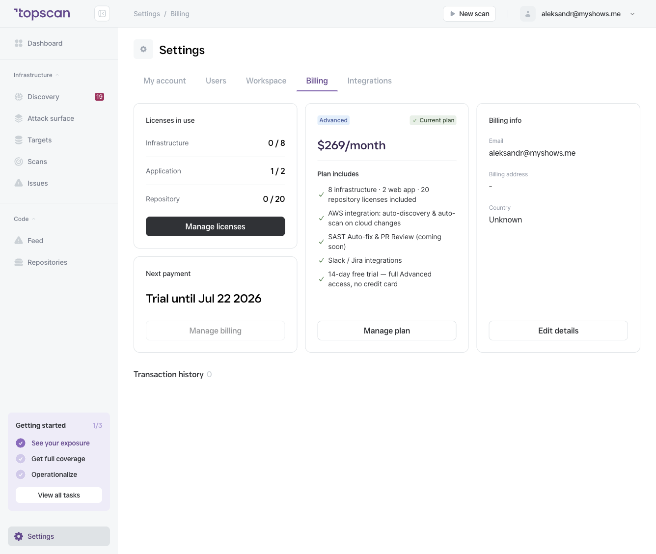 Settings → Billing — top section showing Infrastructure, Application, and Repository license counters (X / Y), the current plan, next payment, and the Manage licenses / Manage billing / Manage plan buttons.