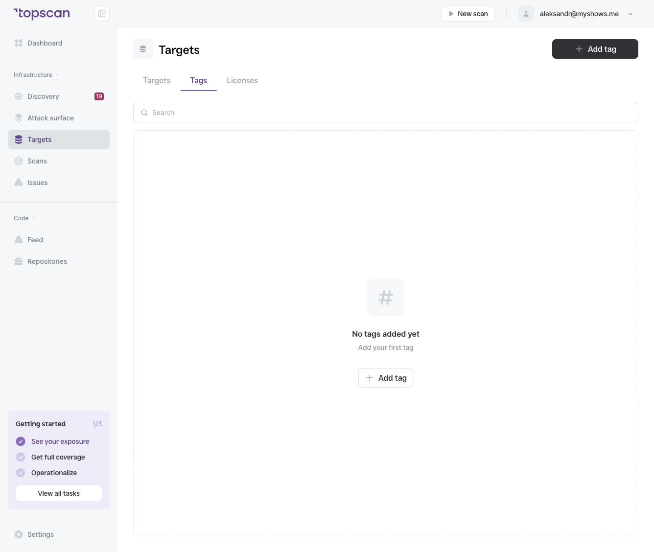 Targets → Tags tab — table with Tag name, Targets count, Created by, and Created on columns.