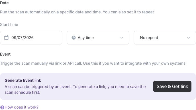 Schedule scan form — the Event section with the Generate Event link block and the Save & Get link button.