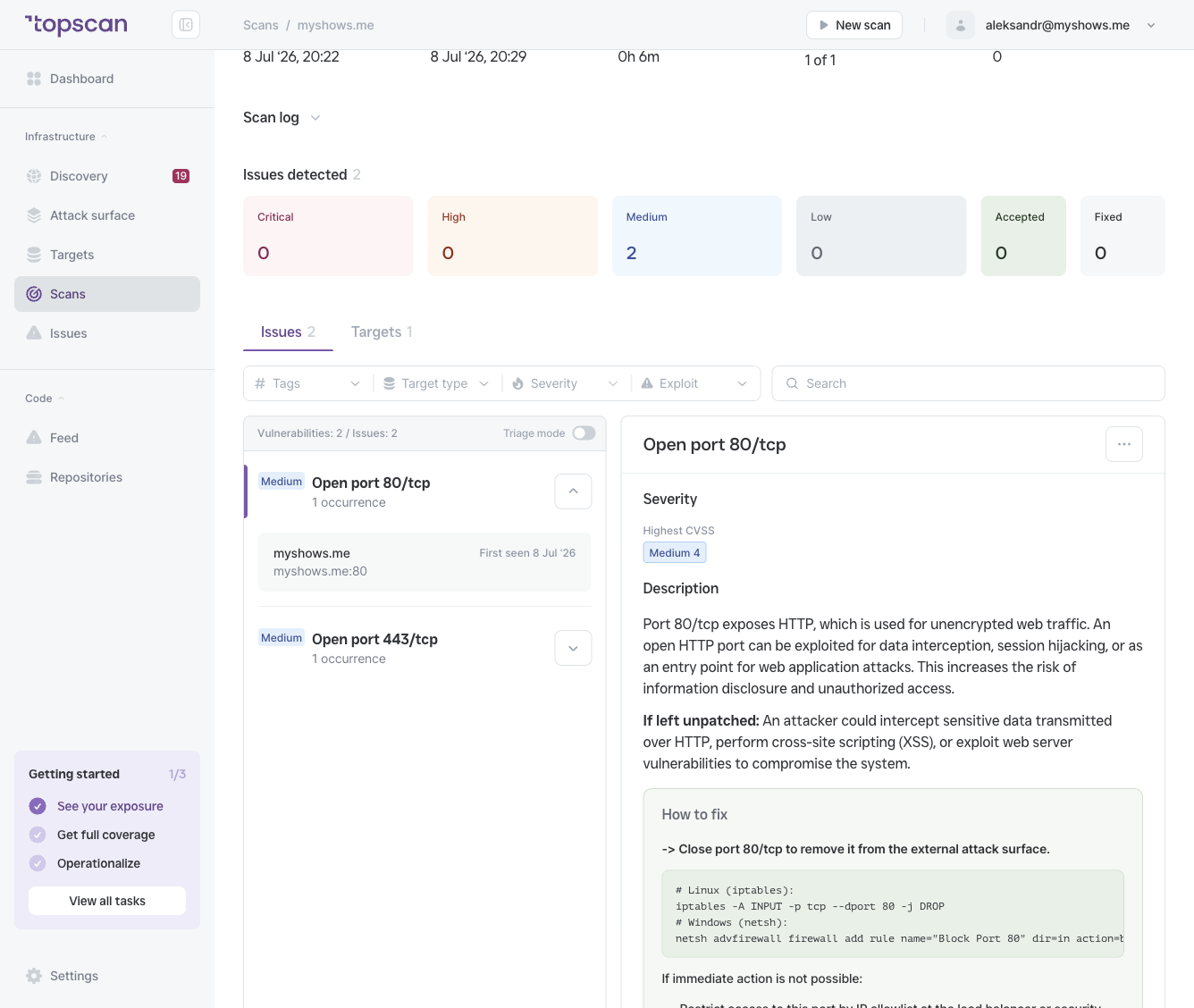 Scan detail page — showing Status, Started on, Completed on, Duration, and the Targets table with issue counts per target.