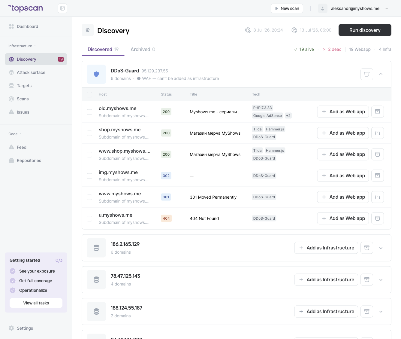 Discovery — a WAF group (DDoS-Guard) with per-host **+ Add as Web app** buttons, and below it IP-address groups with a **+ Add as Infrastructure** button on the group.