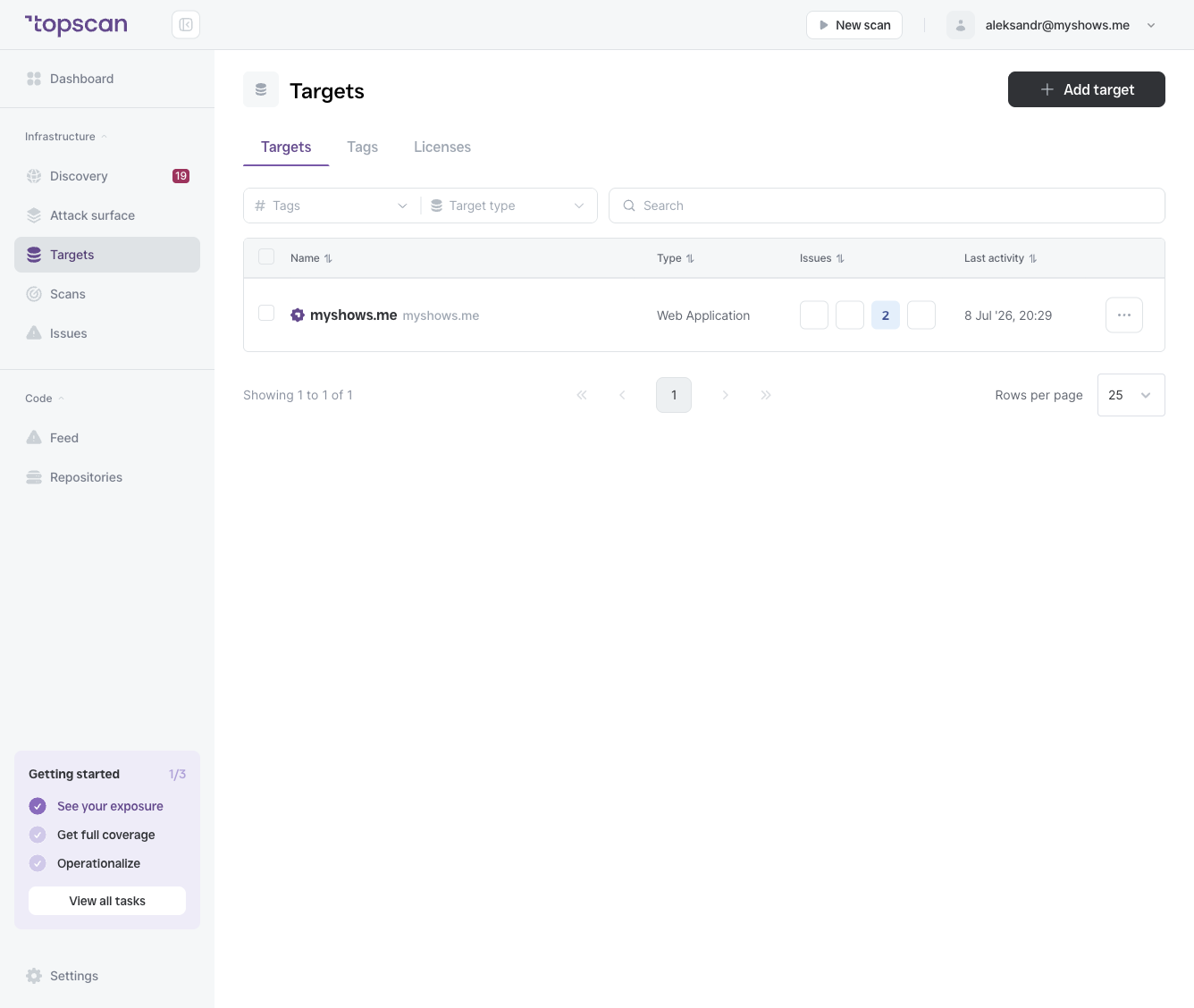 Targets list — showing a mix of Infrastructure and Web Application targets in the Type column.