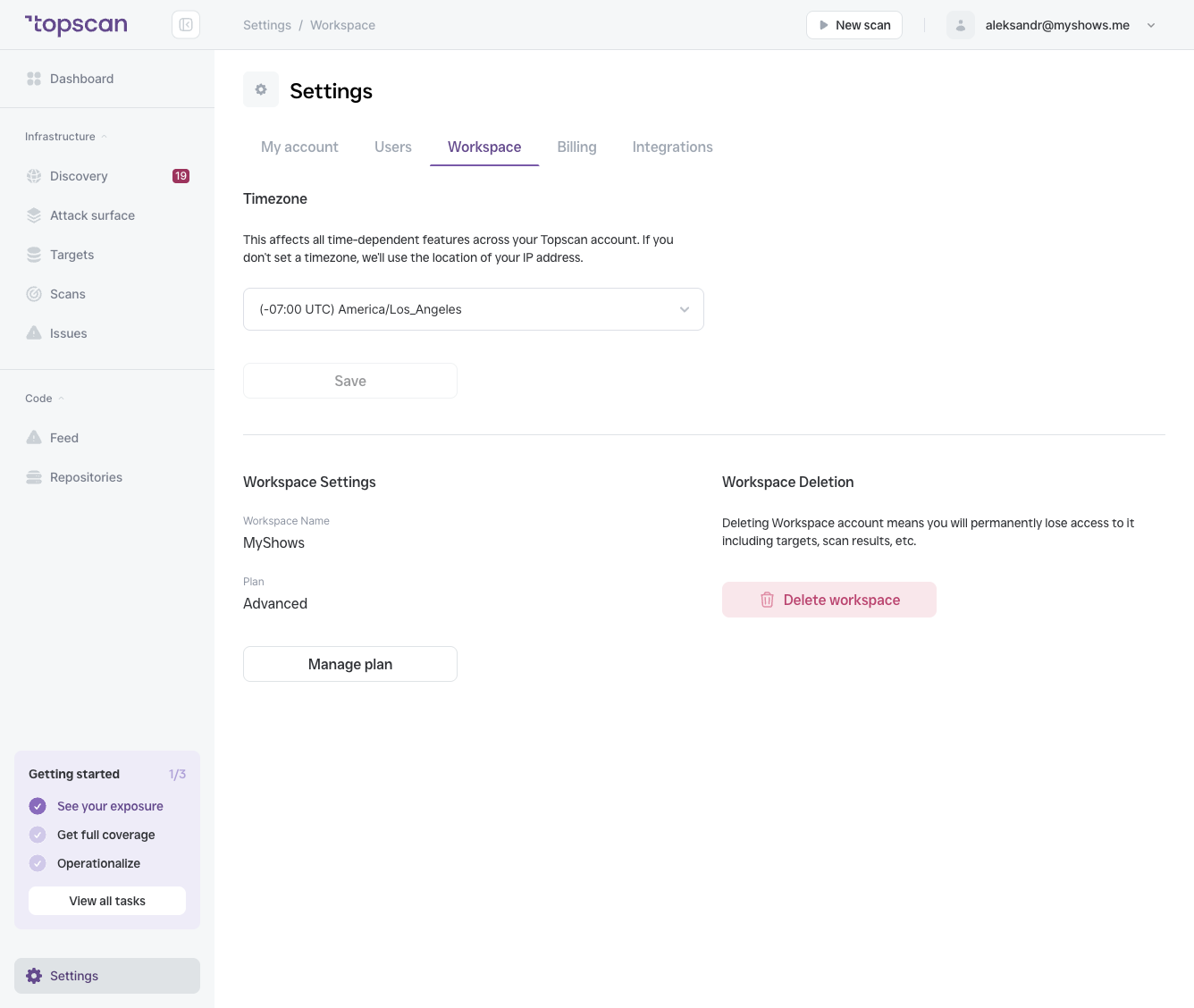 Settings → Workspace — showing Timezone selector, Workspace Name field, Plan (with Manage plan button), and the Workspace Deletion section.