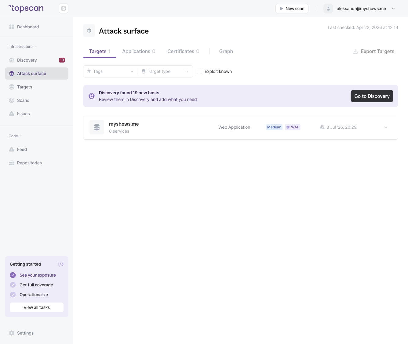 Attack surface page — the Targets / Applications / Certificates tabs and Graph view, the Export Targets button, the Tags / Target type / Exploit known filters, and a target row with its type, severity, and WAF badges.