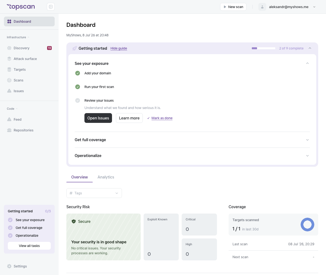 Dashboard — Coverage widget showing "Targets scanned: X / Y in last 30 days", Last scan, and Next scan fields with the circular progress indicator.
