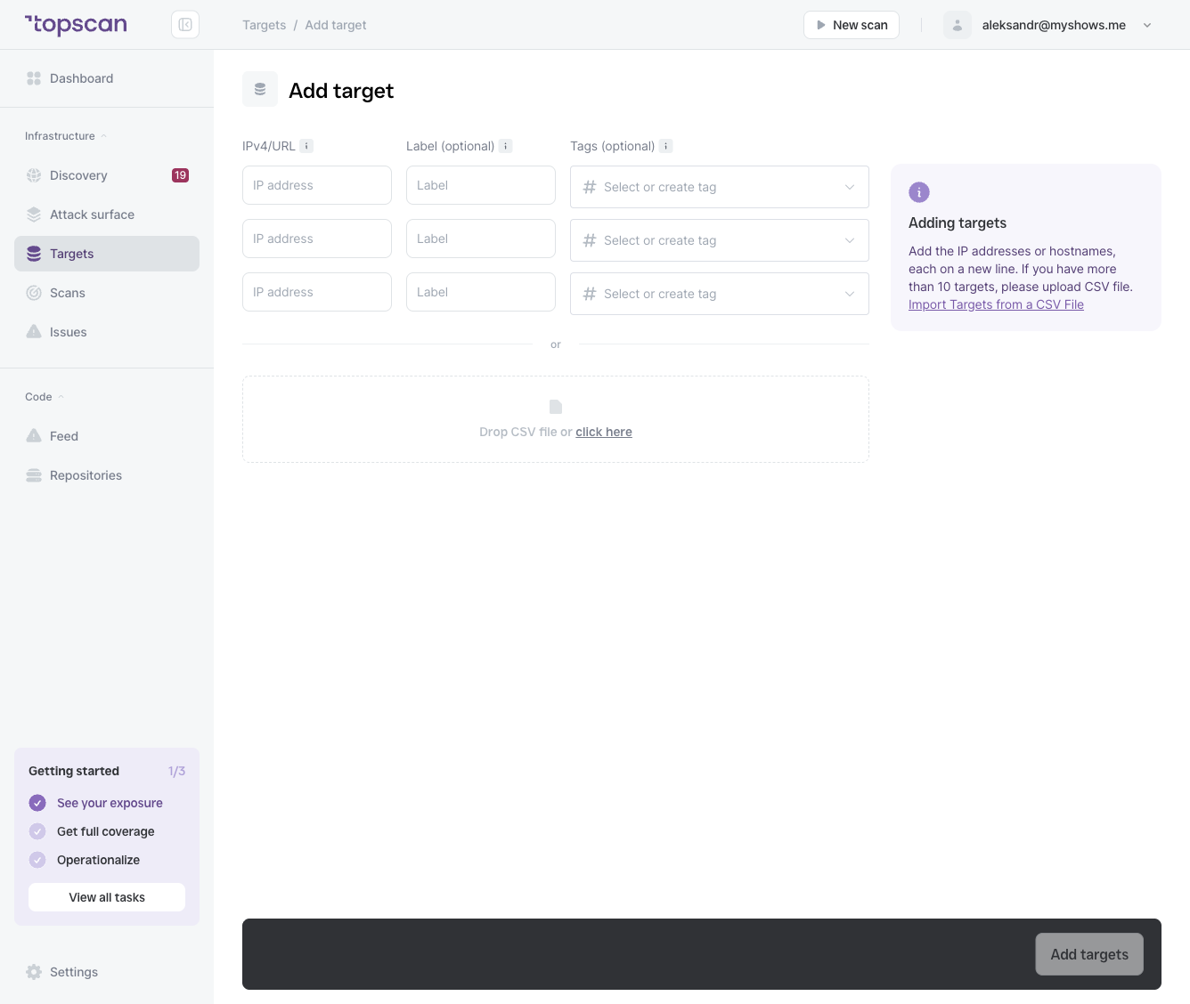 Add target page — form with IPv4/URL, Label, and Tags fields filled in with an example target.